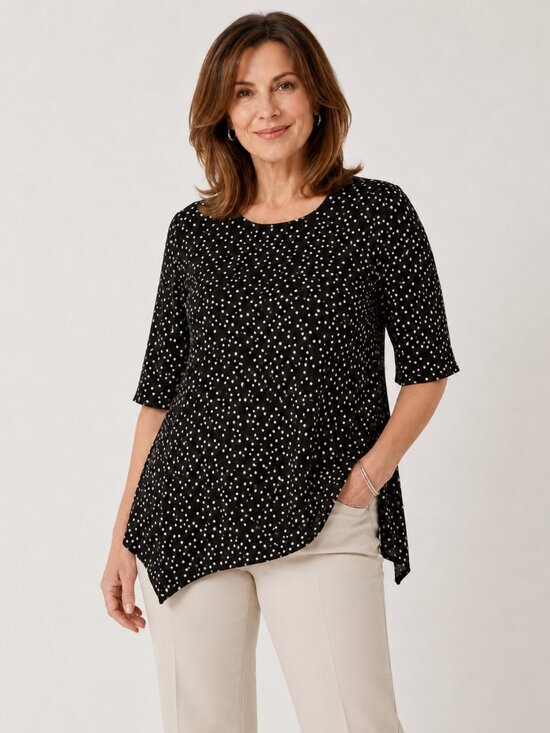 Chelsey & Theodore Sweaters - Chelsea & Theodore Size L Black Cream Dot Knit Sharkbite Tunic 3/4 Sleeve
